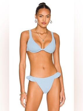 MINKPINK NWT Spero Ruffle Plunge Blue Cheeky Bikini Set REVOLVE SHOPBOP $140 B13